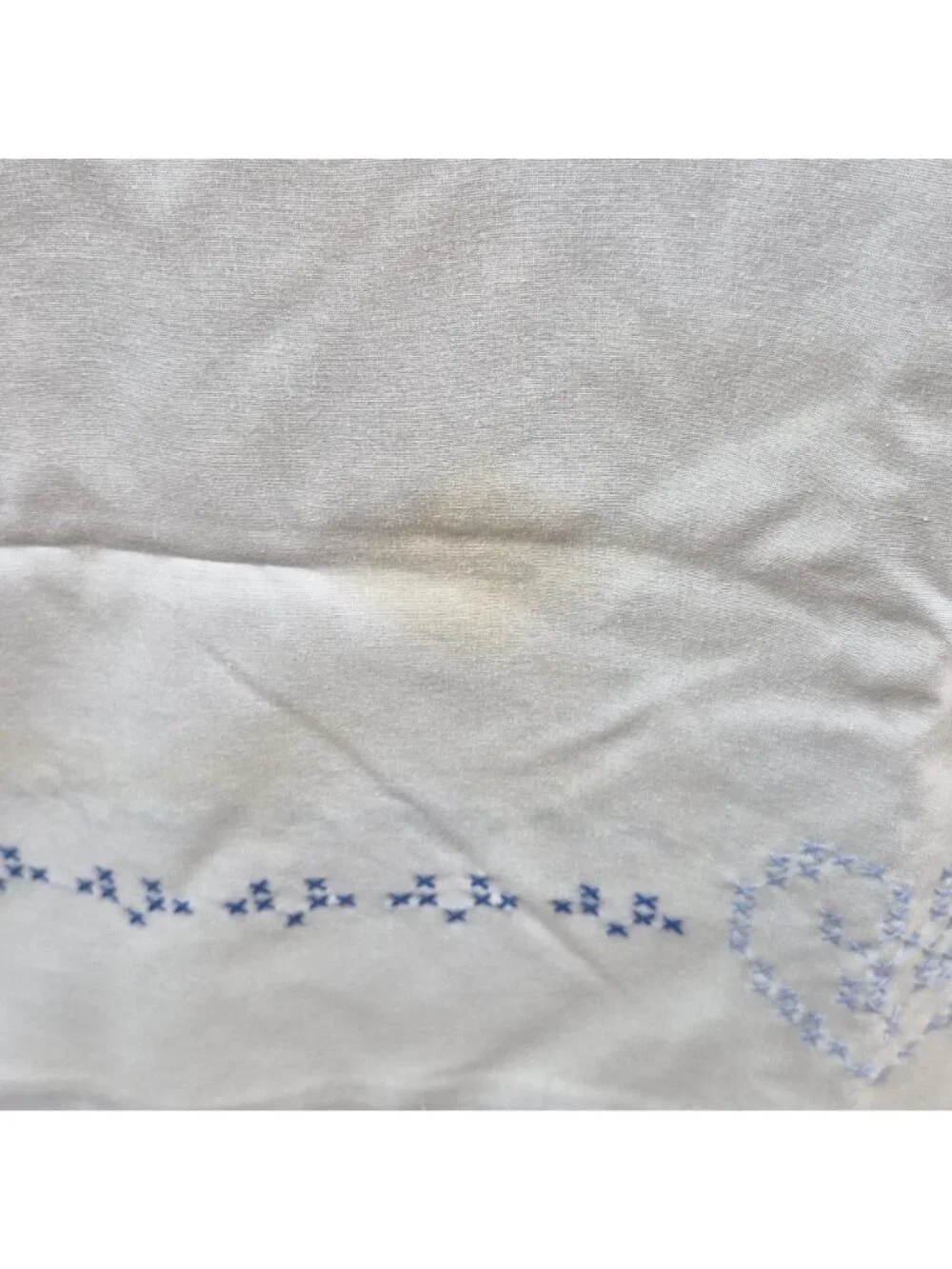 Vintage Hand Embroidered White Tablecloth Blue Cross-Stitch Heart Floral Cotton